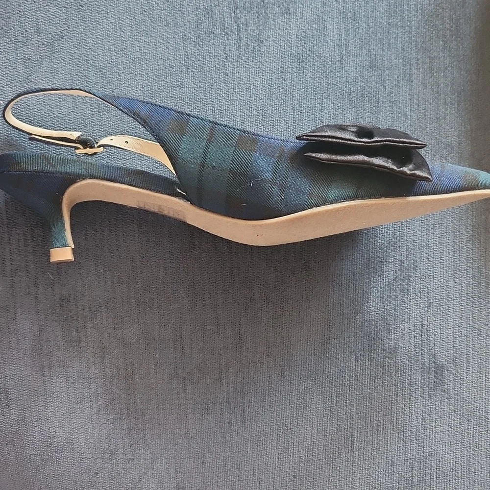 Jack Rogers Debra Tartan Plaid Satin Bow Slingback Kitten Heels Pumps size 8.5